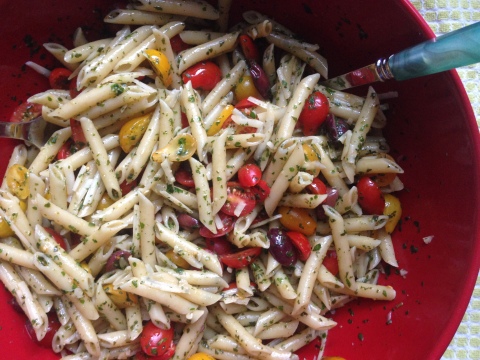 Penne with Herbs, Tomatoes, Olives and Pecorino